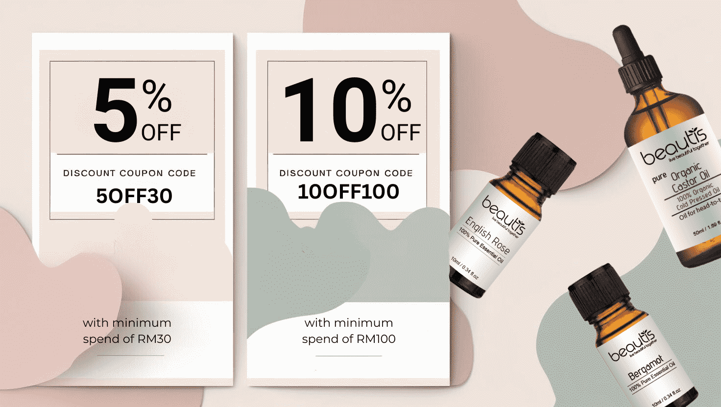 Beauty product discount coupons with 5% and 10% off offers.