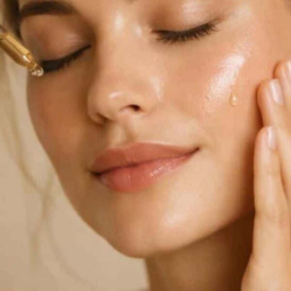 Woman applying face oil with dropper for healthy, glowing skin.